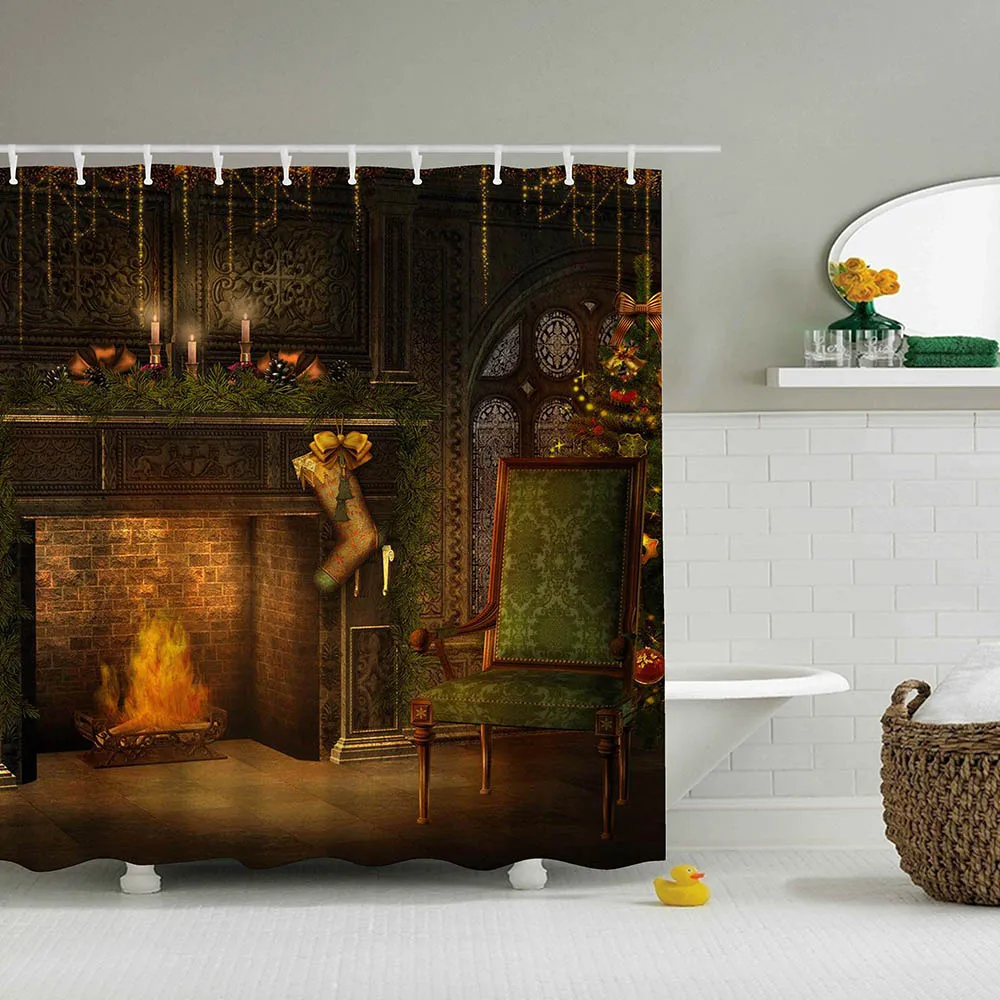 Cortinas navidad ba o Рождественский камин занавеска для душа зеленая Рождественская елка Рождественская занавеска для ванной комнаты красный носок douchegordijn 3D