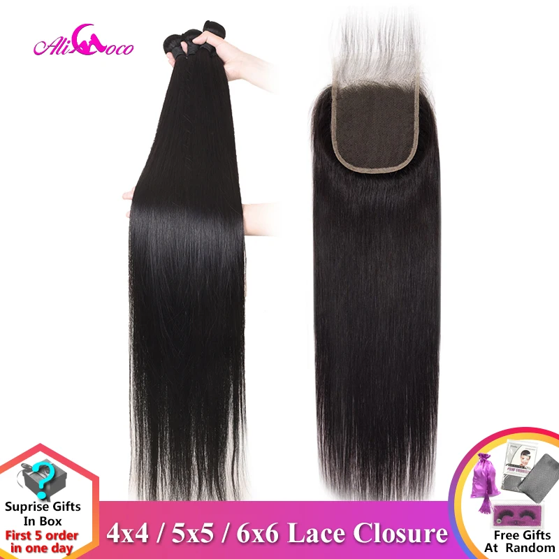 Comprar Paquetes de pelo lacio brasileño con cierre 30 pulgadas 32 34 36 38 40 pulgadas paquetes de cabello humano largo con cierre remy pelo Ali Coco