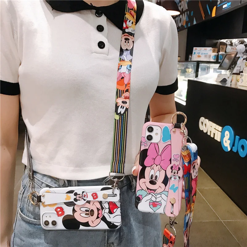 Disney Cartoon Mickey Minnie Mouse Daisy Donald Duck Wrist Strap Lanyard Phone Case For IPhone 12 Pro Max 11 7 8 Plus X XR SE XS