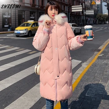 

SWREDMI Winter Hooded Velve Parkas Women Thickening Outerwear Slim Down Cotton Coat Female New Long Fur Collar Winter Jacket