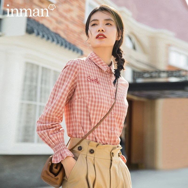 INMAN Spring Autumn Literary Retro Style Turn Down Collar Plaid Pattern Flower Pedal Sleeve Women Blouse Shirt | Женская одежда
