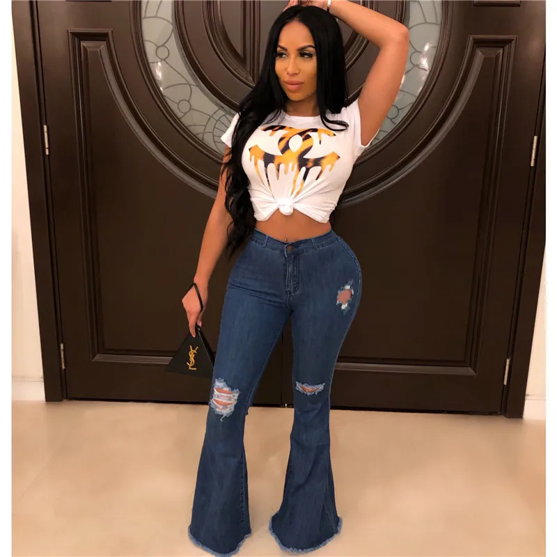 

Cotton Stretchy Vintage Wash Ripped High Waist Jeans for Women Bell Bottom Jeans 2021 Hole Wide Leg Flare Denim Pants Trousers