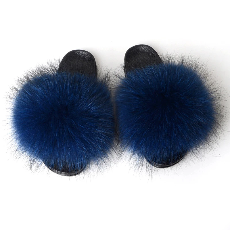 Пушистые шлепанцы с натуральным лисьим мехом; женские меховые тапочки; зимние меховые сандалии на плоской подошве; домашние тапочки; женская плюшевая обувь; пушистые вьетнамки - Цвет: Dark blue