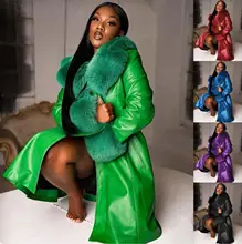 2021 Autumn Winter Women Keep Warm PU Patchwork Midi Coats Fashion Fur Collar Long Sleeve Solid Zipper Overcoats