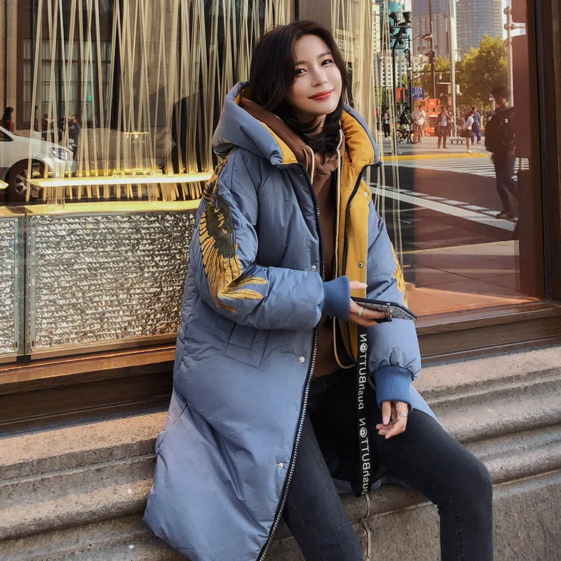 

Photo Shoot 2018 Winter Korean-style Mid-length over-the-Knee Embroidery Loose And Plus-sized Cotton Coat