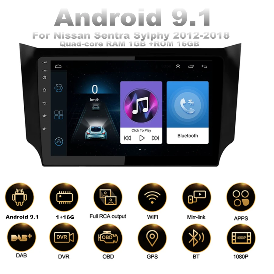 1 Din 10.1" Car Stereo Radio Android 9.1 Quad-core 1G-16G GPS Wifi 4G BT DAB OBD 