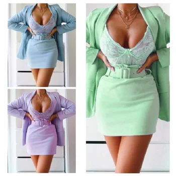 

Women Cotton Patchwork Buttoned Mini Skirt Suit Lady Solid High Waist Skirts And Pocket Suits 2020 New Female Office Suit