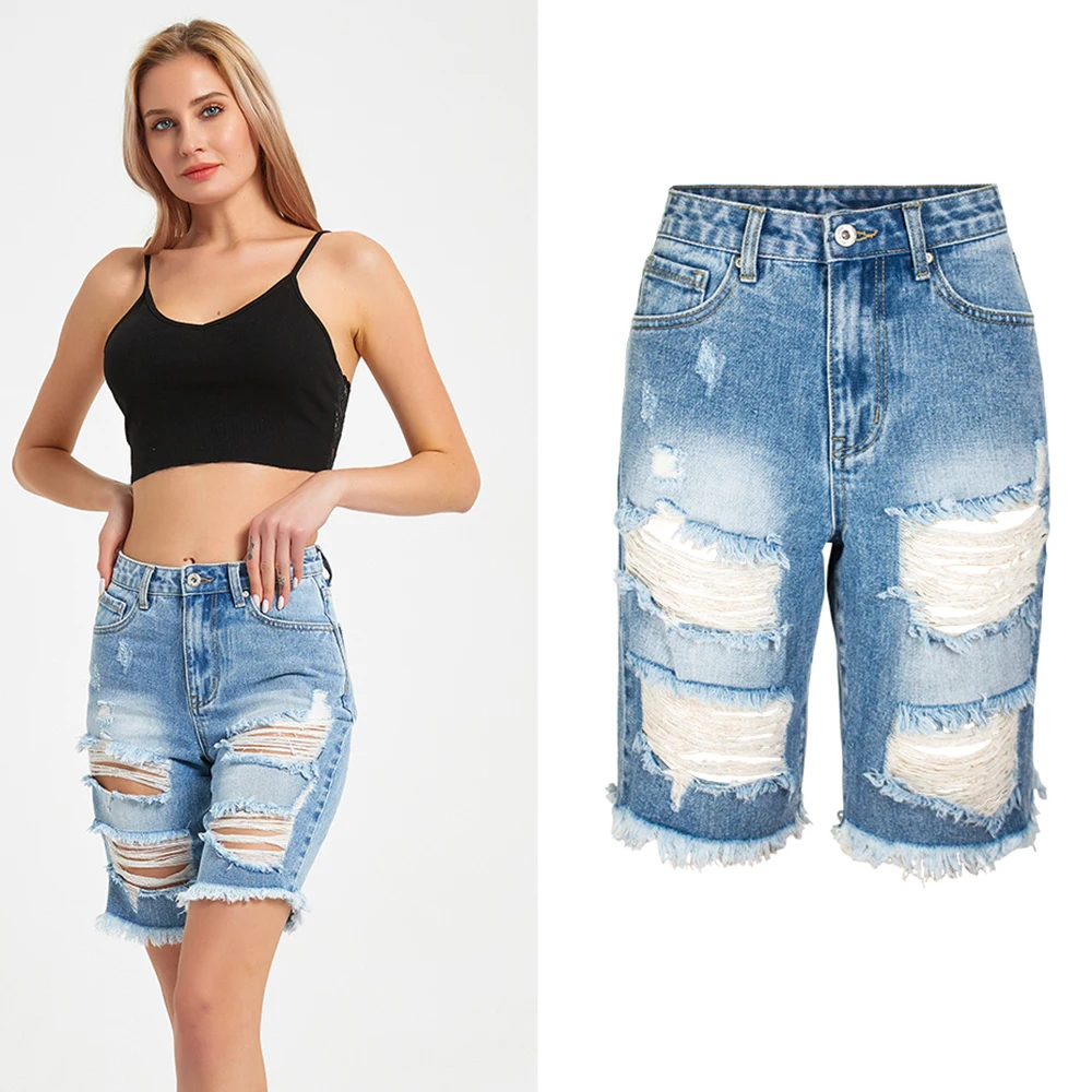 

High waist pants light blue ripped jeans summer clothes for women pants plus size knee length