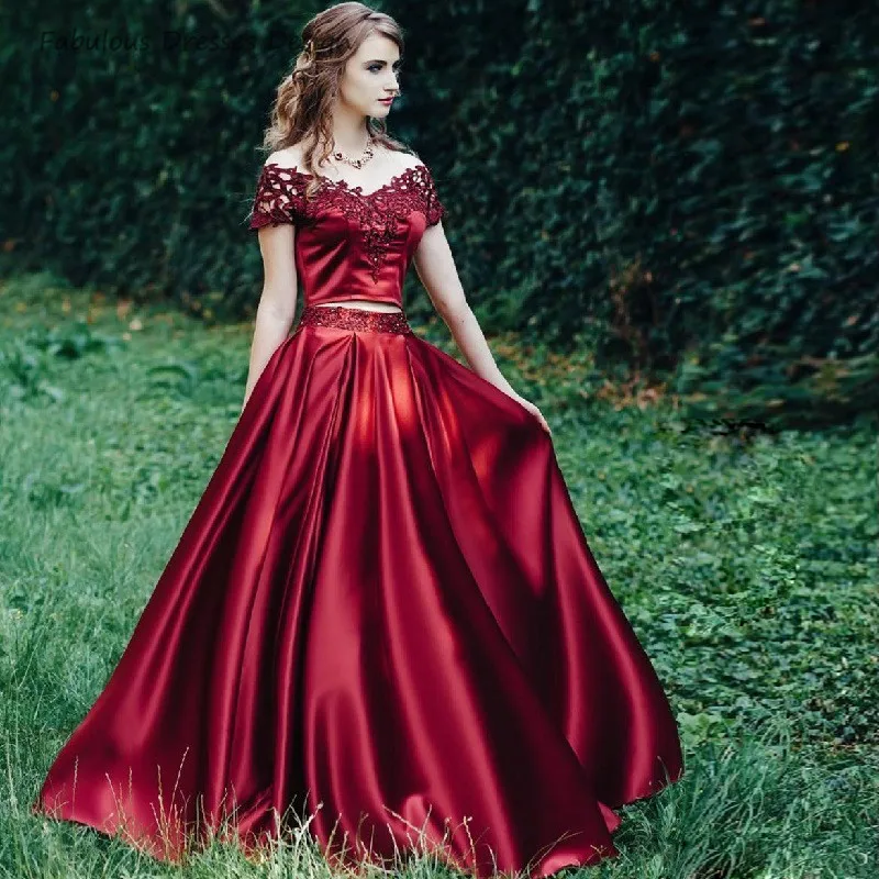 

Burgundy Two Pieces Prom Dresses Long Off The Shoulder A Line Evening Dress Party For Women 2020 Applique Lace Vestido De Festa