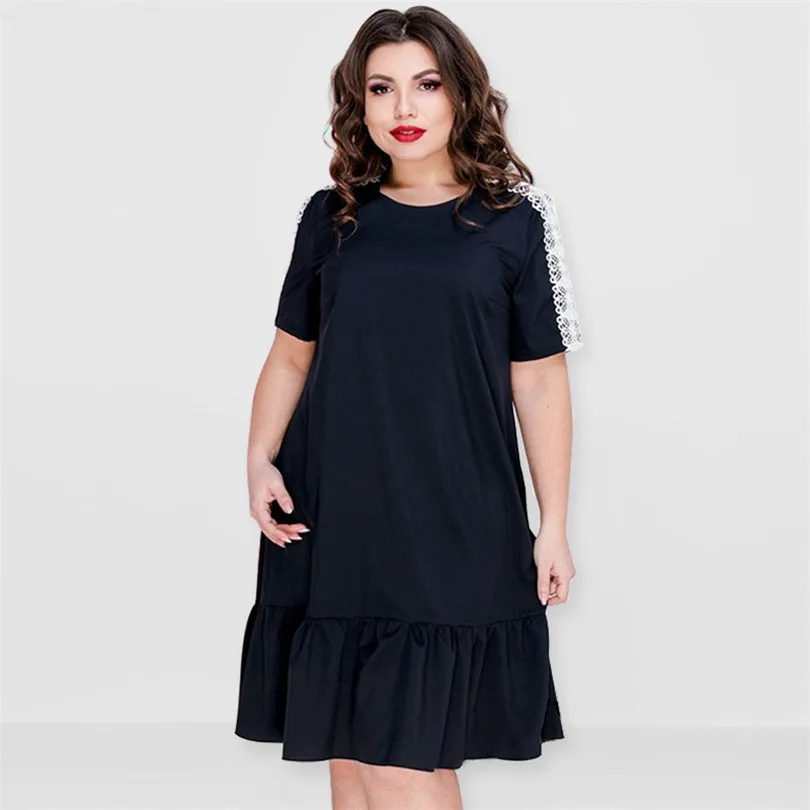

6XL Lace Stitching Short Sleeve Dresses Women Summer Tunic Elegant Loose Maxi Midi Dress Plus Size Casual Dresses Vestidos