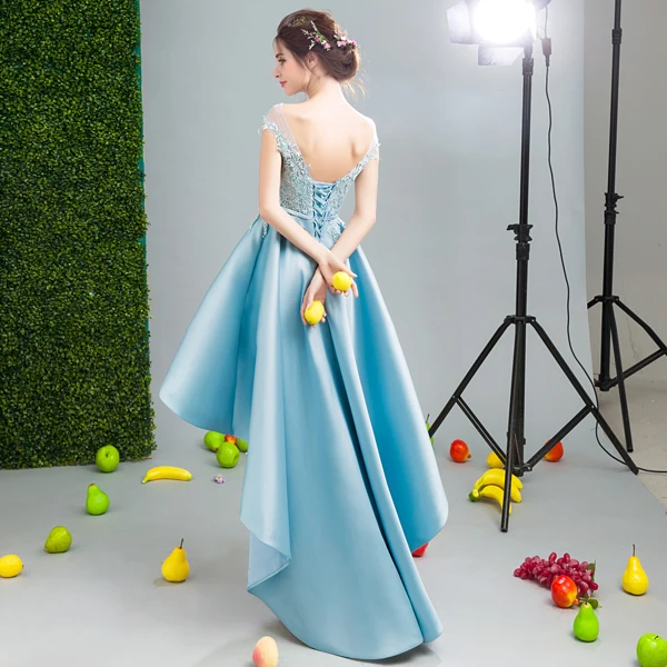 Robe De Soiree небесно-голубое коктейльное платье с высоким низким вырезом, эффектное с открытой спинкой и аппликацией, кружевное платье для свадебной вечеринки