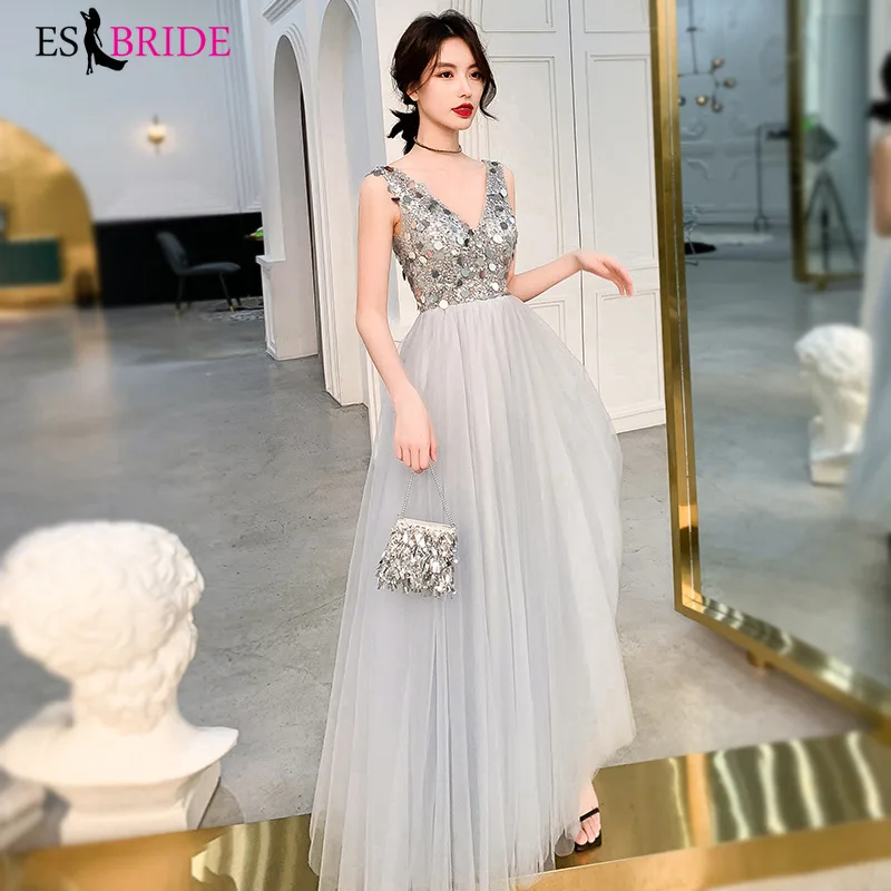 Robe De Soiree сексуальное платье с v-образным воротом, платье трапециевидной формы без рукавов, с блестками вечерние платья Длинные Новое поступление Свадебные Вечерние платья ES3001 - Цвет: Серый