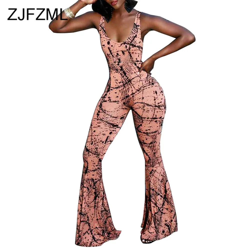 Sexy Club Printed Flare Jumpsuit Women Backless Plus Size One Piece Bodysuit Elegant Summer Sleeveless Skinny Party Overalls