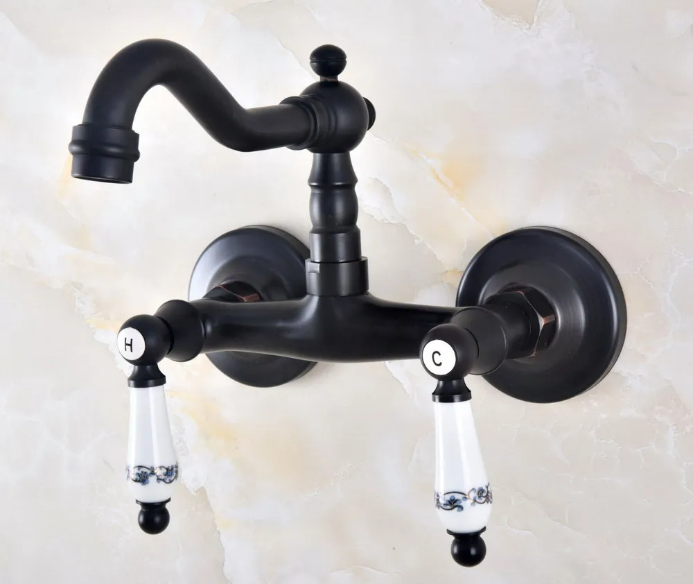 

Black Oil Rubbed Bronze Bathroom Kitchen Sink Faucet Mixer Tap Swivel Spout Wall Mounted Double Handles mnf834