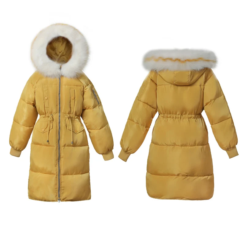 30 градусов зимние женские куртки большой меховой воротник толстые теплые длинные парки пальто Твердые свободные с капюшоном пуховики размера плюс парка