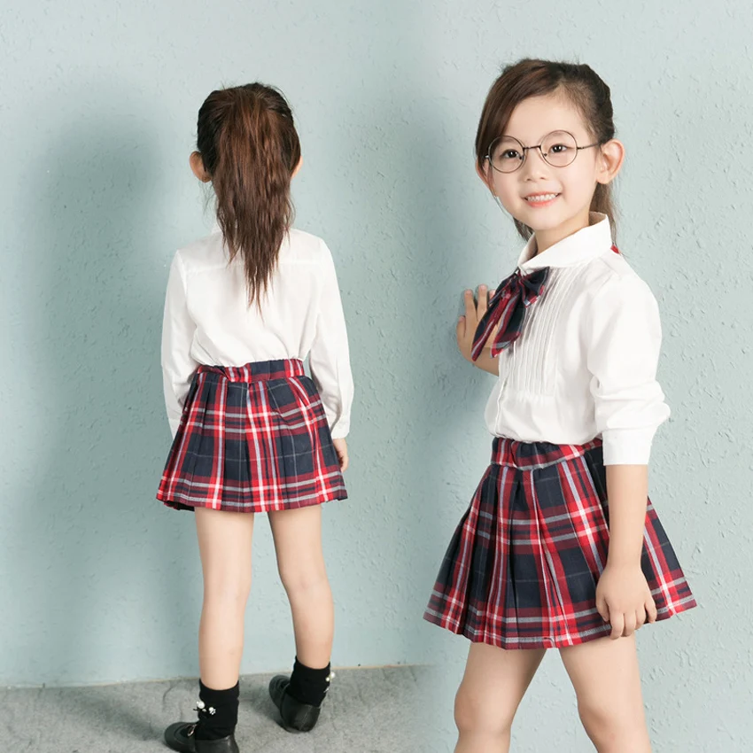 2pcs Toddler Girls Student Uniform White Long Sleeve Blouse Shirt+Plaids Skirt 