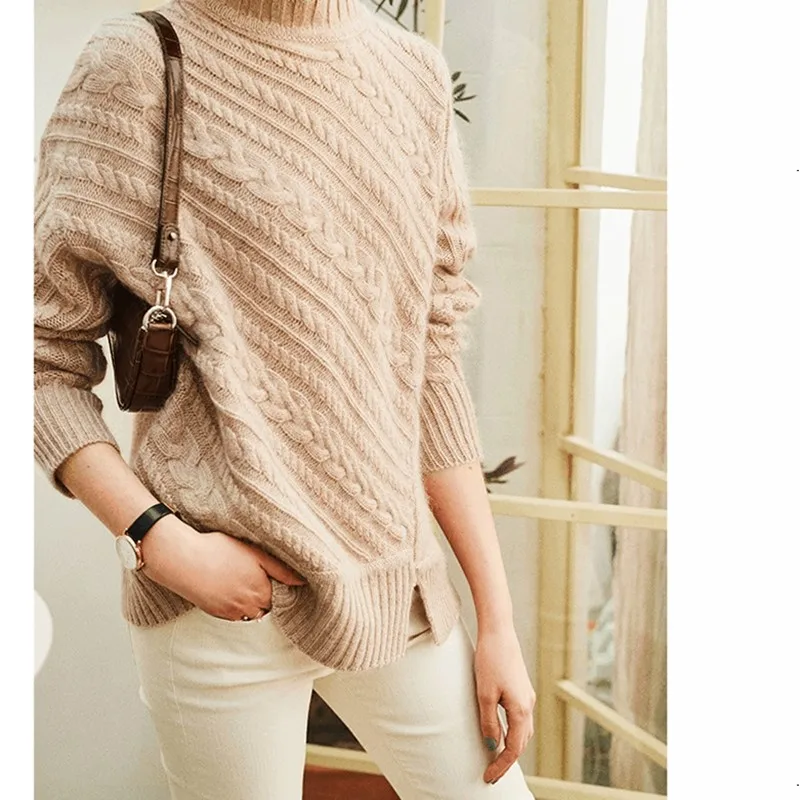 BARESKIY Women's Sweater O-Neck Cashmere Sweater Solid Color Loose Sexy Sweater Stretch Korean Knit Long Sleeve Top Jacket