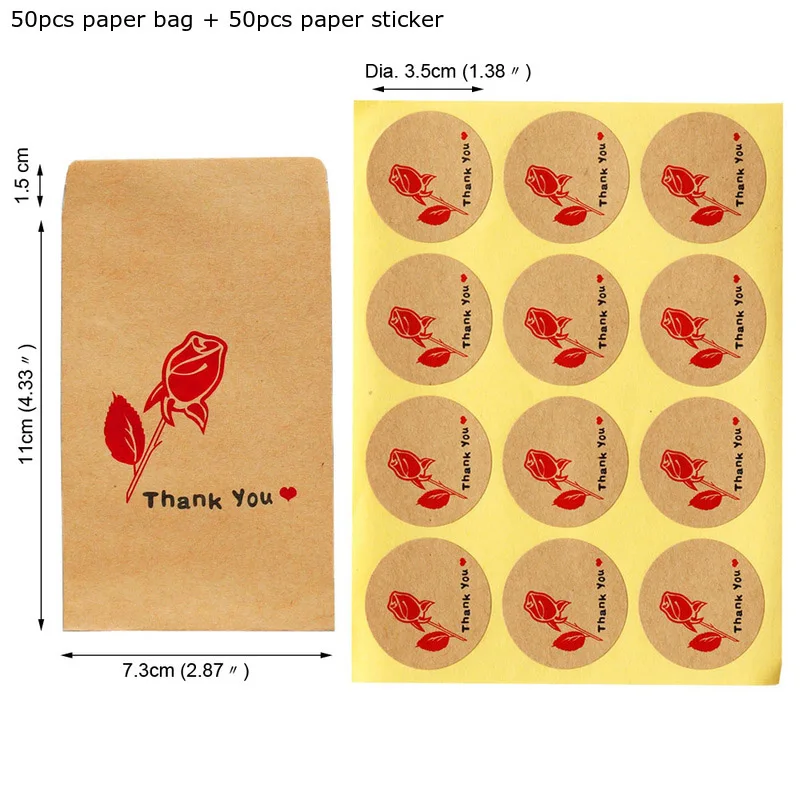 50 шт Подарочная бумажная сумка с надписью «спасибо» бумажная сумка с бумажной наклейкой праздничный свадебный подарок Упаковка конфет мешочек для упаковки - Цвет: Rose Thank You