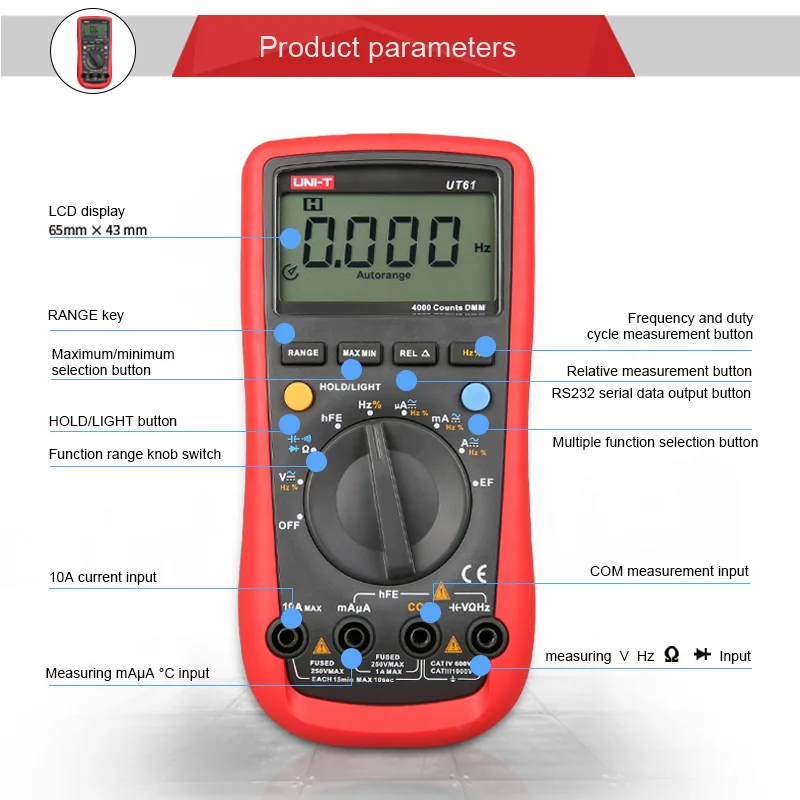 Цифровой мультиметр clampmeter измерение температуры UNI T UT61A отсчетов Автоматический