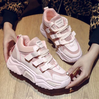 

Pink White Sneakers 2019 New Winter Sneakers Women Shoes Soft Fur Chunky Sneakers Black Basket femme Sneakers Women Platform