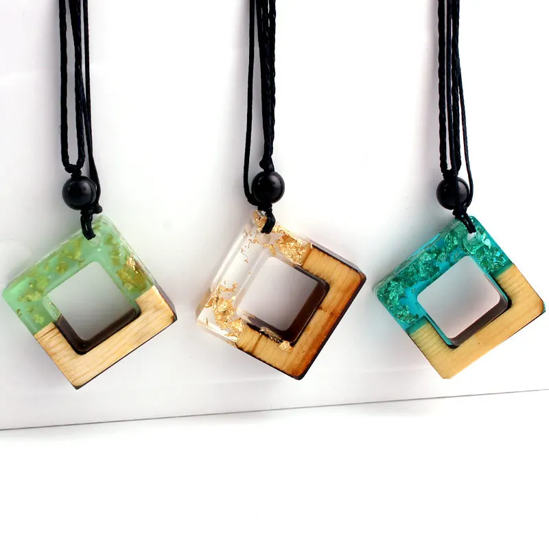 

Solid Wood Pendant Necklace / Sweater Pendant / Ethnic Travel Jewelry / Solidified Time Resin Square Pendant Necklace