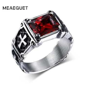 

Vintage Red Crystal Stone Knight Ring Jewelry For Men Stainless Steel Cross Pattern Middle Ages Style Anel Cruz Dropshipping