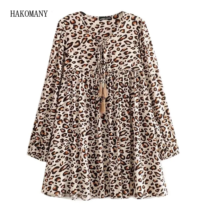 Spring Bohemia Lacing up V neck Animal Leopard Short Dress Khaki Woman Long Sleeve Tassel Strappy Holiday Dresses Beach