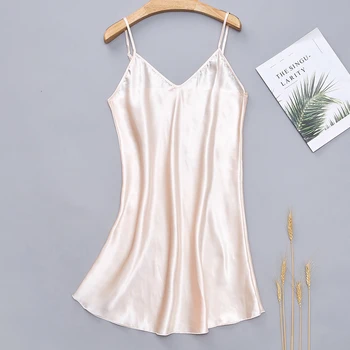 

Female Champagne Sleepwear Satin Homewear Spaghetti Strap Homg Dressing Gown Casual Home Clothes Summer Sexy Women Nightgown