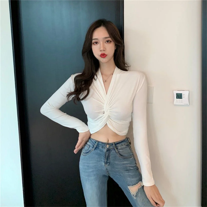 

Sexy T Kink Bottomed T-shirt Women Tshirt Autumn New Long Sleeve Shirt Short Thin Careful Machine Versatile Chic Crop Top Vogue