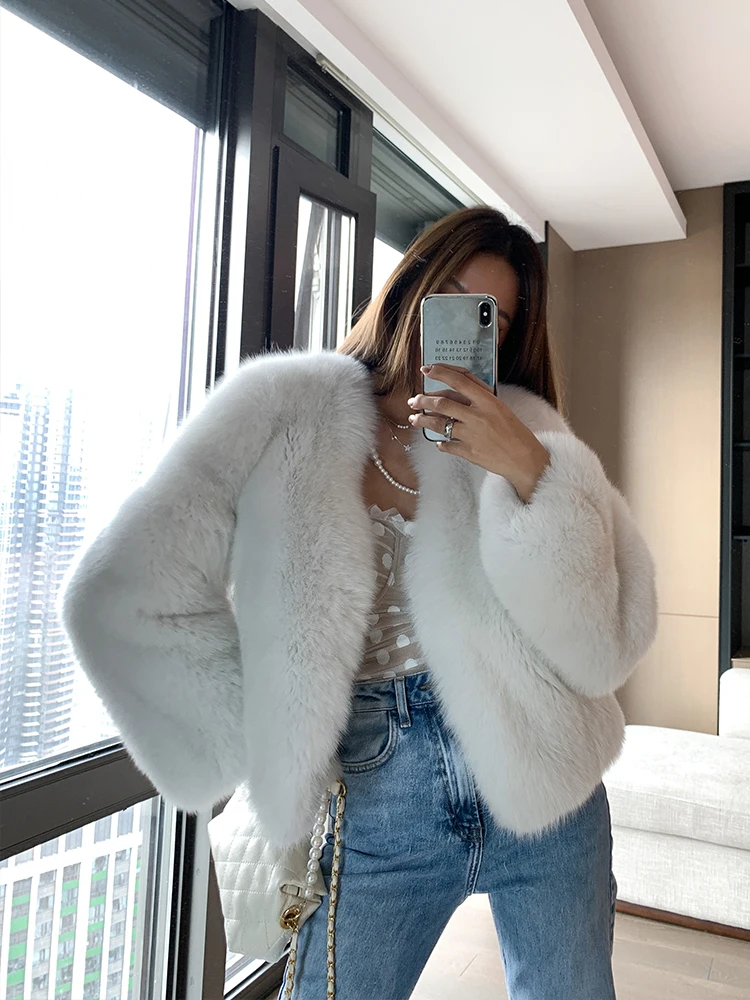 Fashion Short Real Fox Fur Jacket for Women Winter Outwear 2022 New Whole Skin Genuine Fox Fur Coats Woman Thick Warm Overcoats