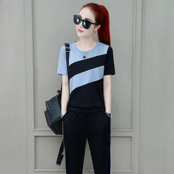 

New Arrival Fashion Korean Version Classic Coloured Round-collar Short-sleeved Top Nine-minute Trousers Two-piece Sets