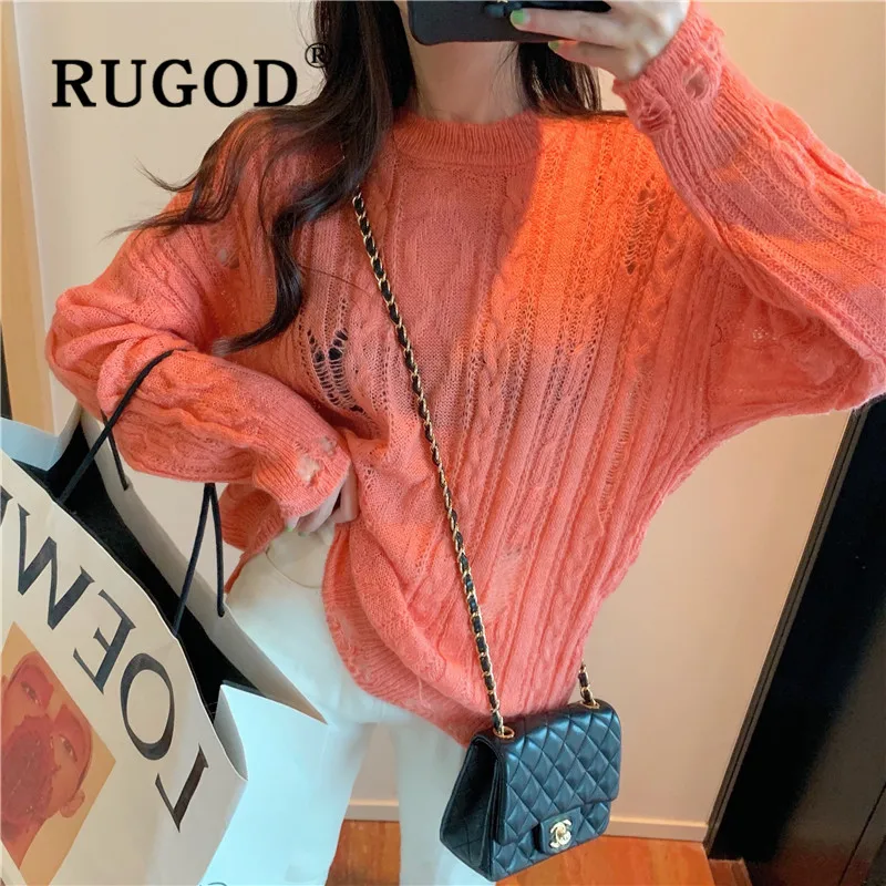 RUGOD, однотонный пуловер с круглым вырезом, джемпер оверсайз, свитер, зимние топы для женщин, элегантный корейский стиль, мода