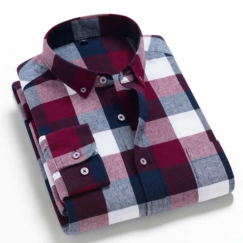 Checkered-Shirts Flannel-Shirt Plaid Long-Sleeve Casual Slim-Fit Mens Fashion Cotton