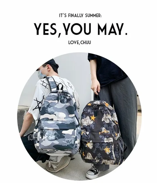 Rucsac de școală pentru bărbați, model camuflaj, cu text, pentru studenți, la modă_voghion.com