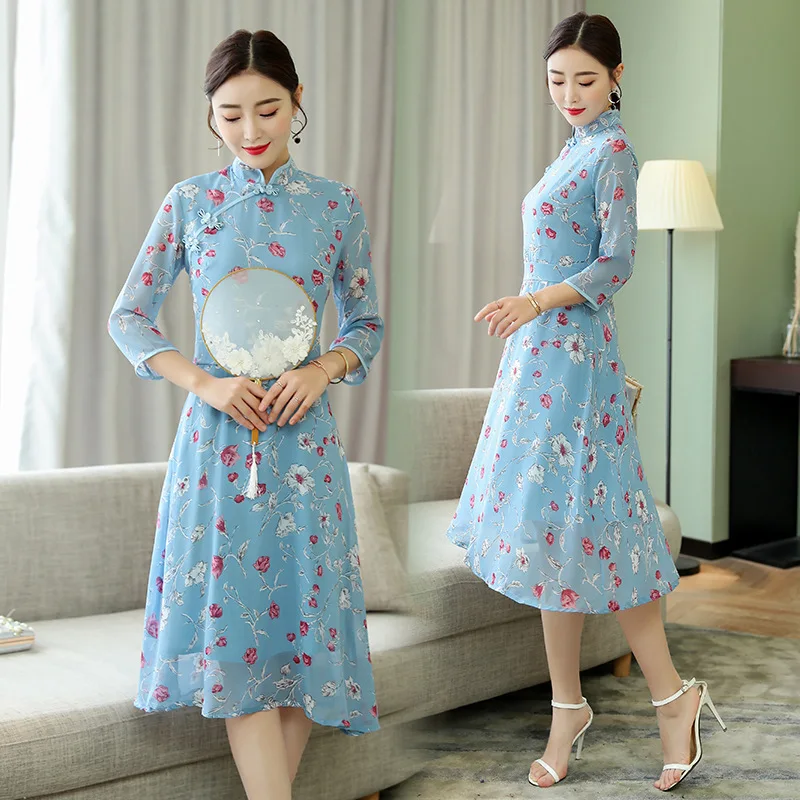 

2019 Summer New Style Chinese-style Improved Cheongsam Ethnic-Style WOMEN'S Dress Three-quarter-length Sleeve Zipper Classical L