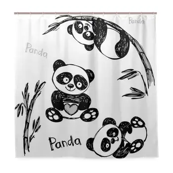 

Unique Shower Curtain Cheerful Panda Different Poses with Bamboo Branch Children Painting Art Print Eco-Friendly with 12 Hooks