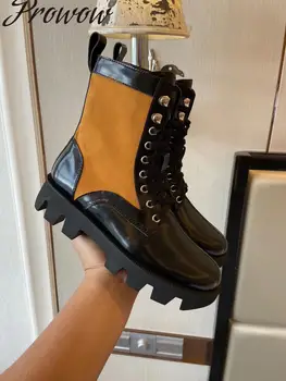 

Prowow New Khaki Black Genuine Leather Round Toe Lce Up Runway Boots Thick Heel Low Heel Ankle Boots Shoes Women