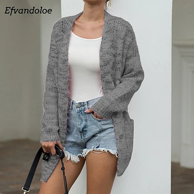 Темно-серый Efvandoloe, длинный кардиган, женский свитер, Kardigan, осень, вязанная зимняя одежда, женские свитера - Цвет: Темно-серый