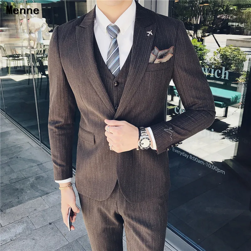 Brown Мужской костюм из трех предметов; костюм джентльмена с одной пряжкой - Цвет: Brown