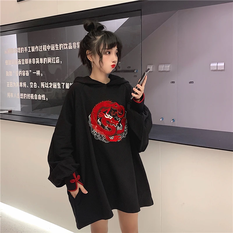 Китайский дракон вышитые Weatshirt для женщин Осень Винтаж фонарь рукав кисточкой на шнуровке толстовки женщин китайская толстовка с драконом