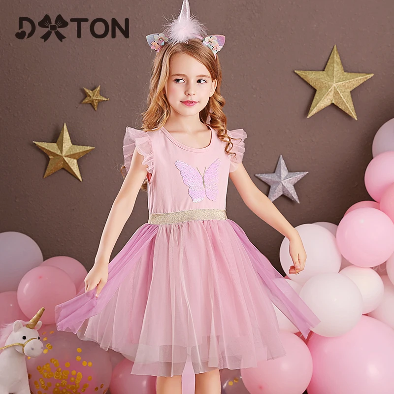 

DXTON Princess Girls Dresses Summer Children Clothing Flying Sleeve Butterfly Kids For Dress Patchwork Belt Party Girls Costumes