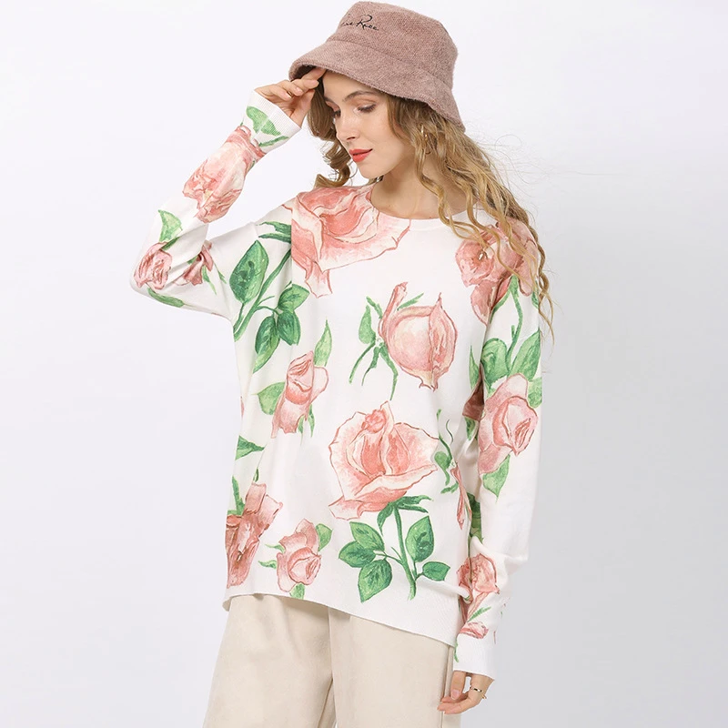 

Romantic Rose Print Sweater Tops Women Clothing Spring Autumn Long Sleeve Knitted Pullover Loose Plus Size Knitted Tops TA6344