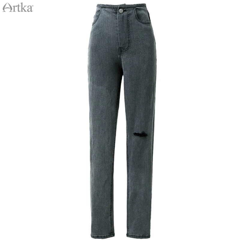 ARTKA осенние новые женские джинсы модные повседневные рваные джинсы Эластичные Обтягивающие джинсы джинсовые брюки-карандаш черные KN15391Q