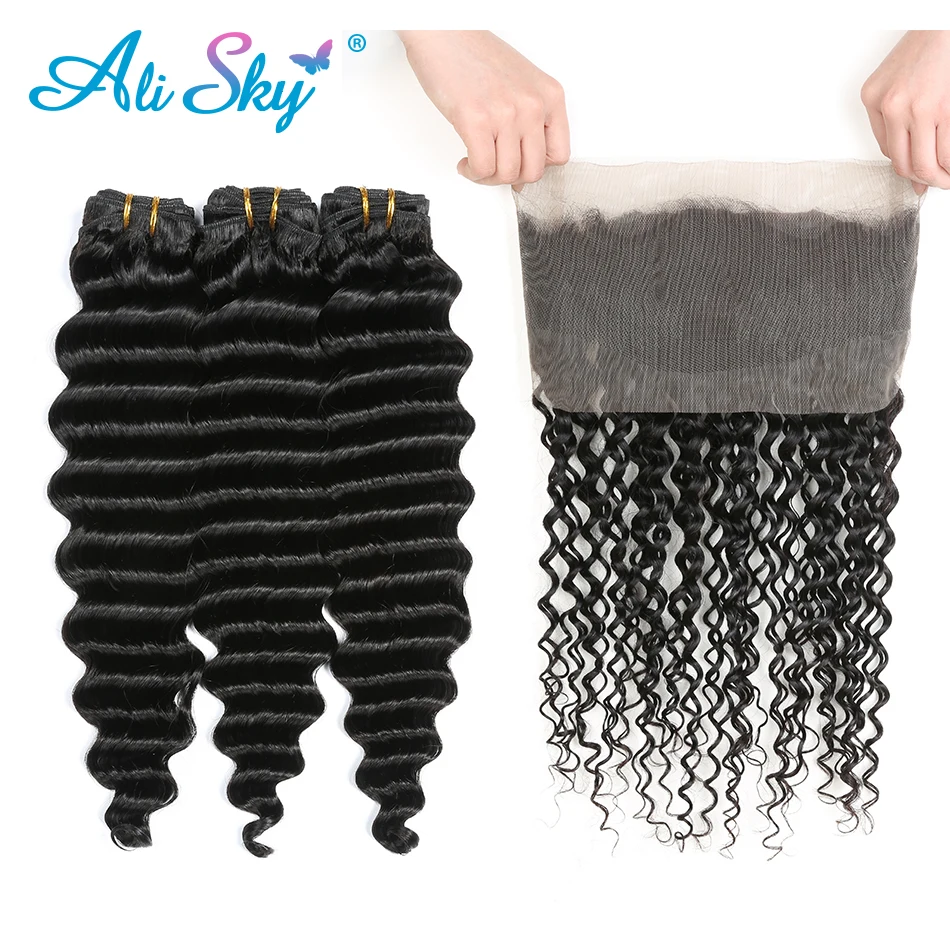 

Alisky Hair Peruvian Deep Wave 3 Bundles With 360 Lace Frontal Closure Remy Hair Weave Natural Black Hair Extensions