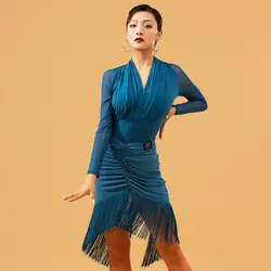 Модный женский танцевальный костюм для латинских танцев, сексуальный топ, юбка с кисточками, 2 предмета, ча-Самба, Румба, женские