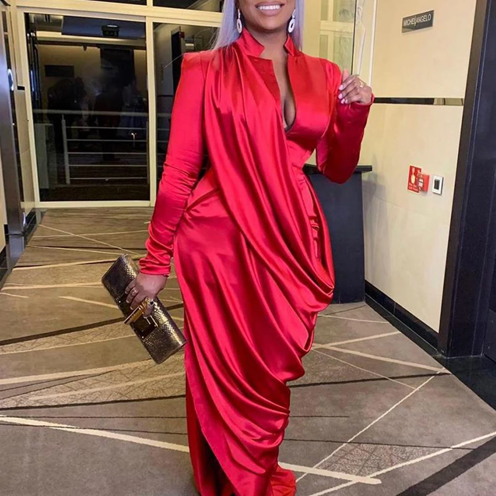 Autumn Spring Vestidos Sexy Women Bodycon Satin Draped Pencil Dress Ladies V-Neck Soft Pleated Long Sleeve Maxi Dresses Sundress | Женская