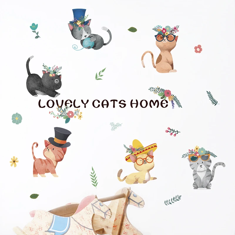 Lovely Cats Wall Stickers For Kids Rooms Bedroom Home Decor Cartoon Animals Wall DIY Poster PVC Mural Art Decoration Accessories