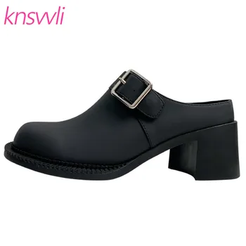 

Black Genuine Leather Slippers Woman Big Round Toe Slides Metal Buckle Mules Shoes Women Chunky High Heels Zapatos De Mujer