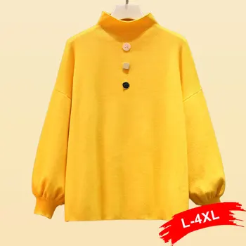 

Plus Size Turtleneck Buttons Yellow Sweater 4XL Autumn Long Lantern Sleeve Knitting Jumper Pullovers Knitted Basic Outwear