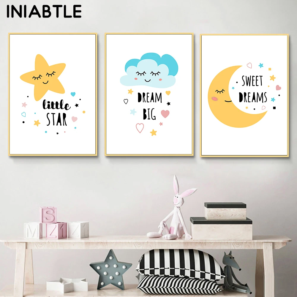 

Yellow Moon Cloud Star Nursery Wall Art Canvas Poster Print Dream Big Painting Nordic Kids Decoration Picture Baby Bedroom Decor